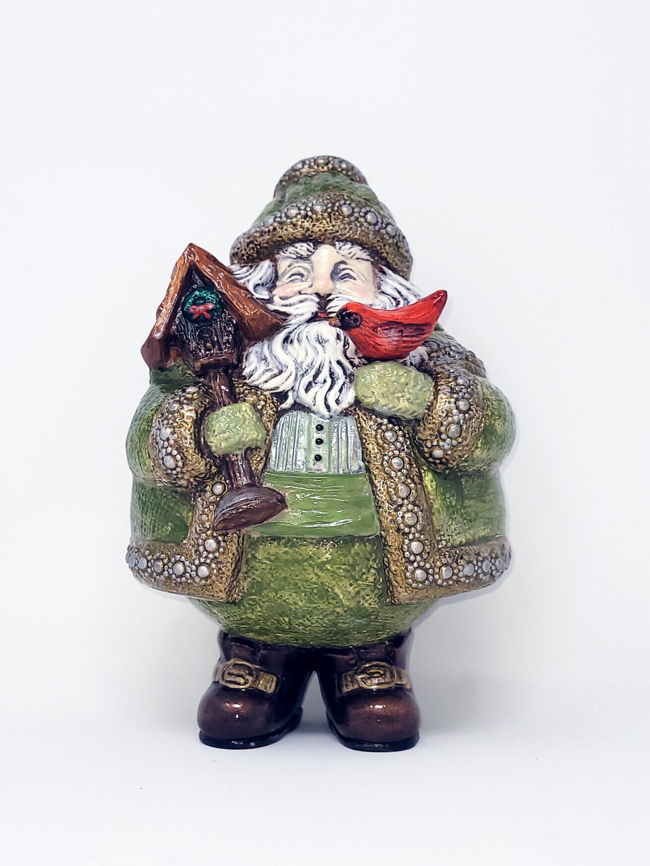 Roly Poly Birdhouse Santa: Green & Gold