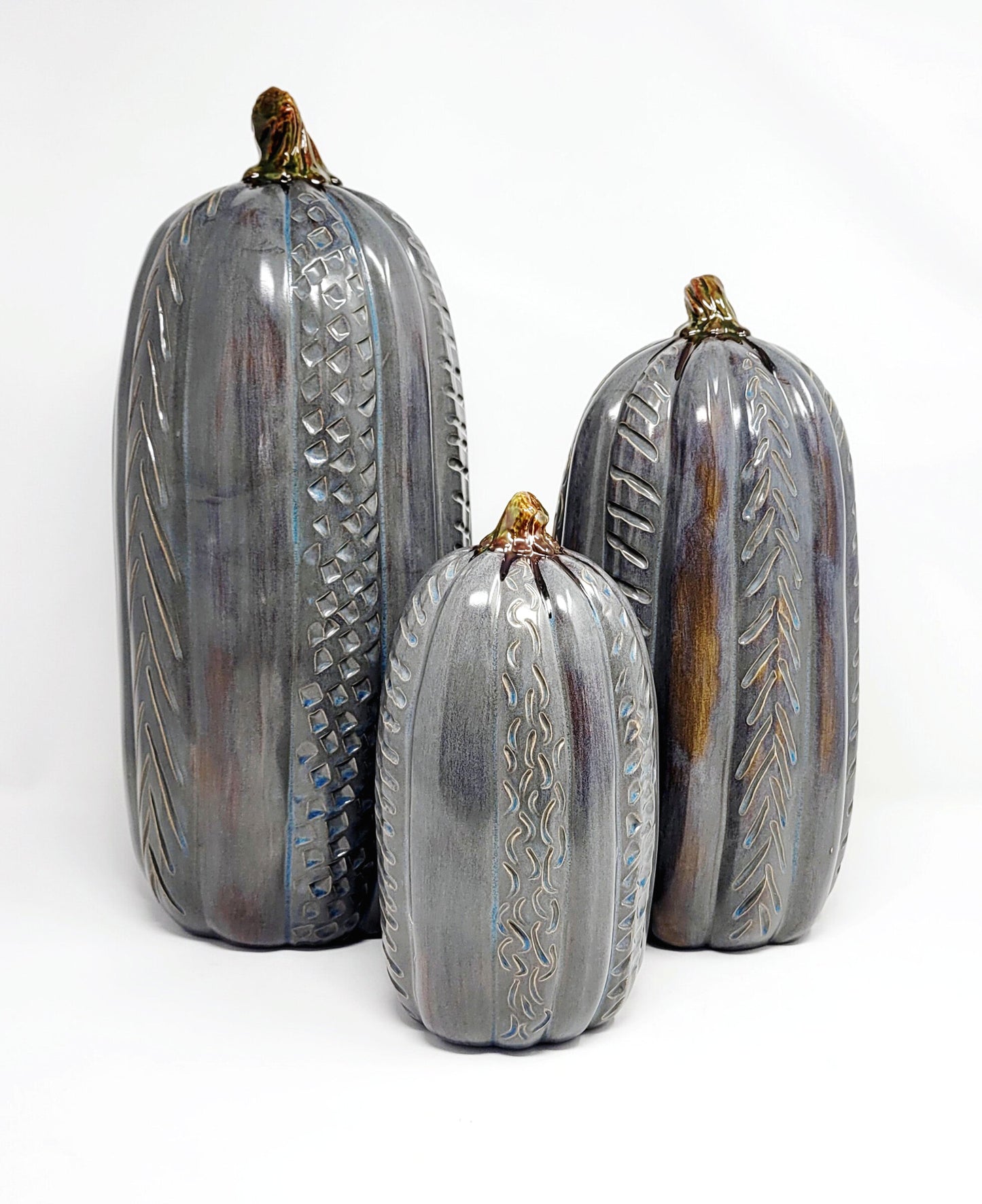 Stone-Blue Carved Design Pumpkin Set (3)