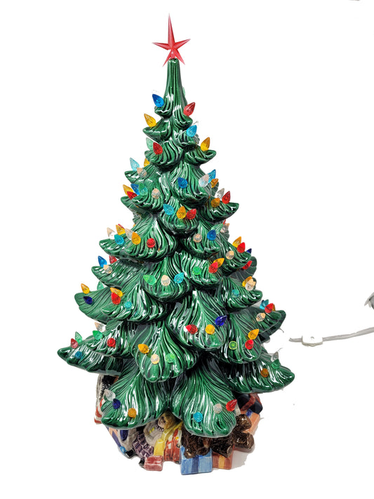 Ceramic Christmas Tree - Green Multi Light Two Layer with Present Base