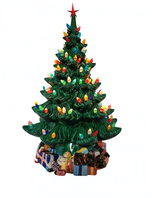 Ceramic Christmas Tree - Green Multi Light Two Layer with Present Base